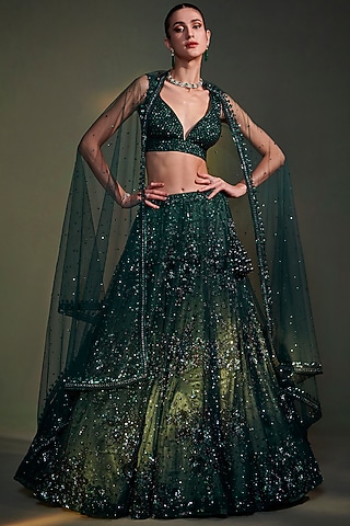 Emerald Green Organza Embroidered Lehenga Set by Angad Singh