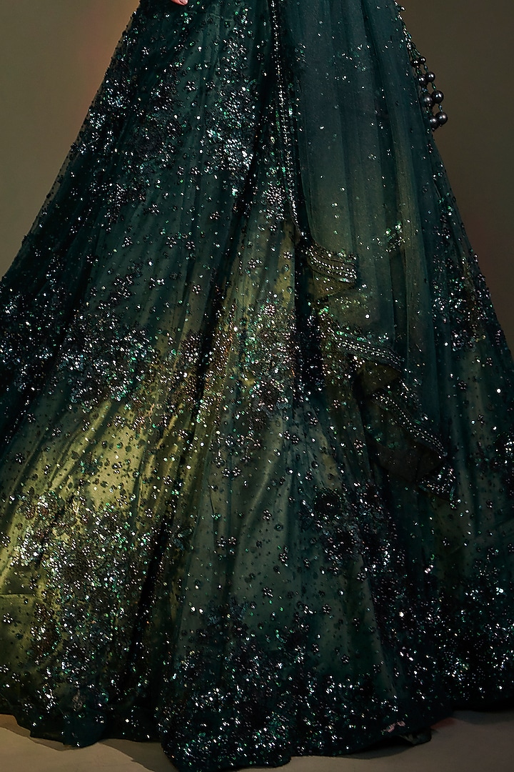 Emerald Green Organza Embroidered Wedding Lehenga Set by Angad Singh at Pernia's Pop Up Shop