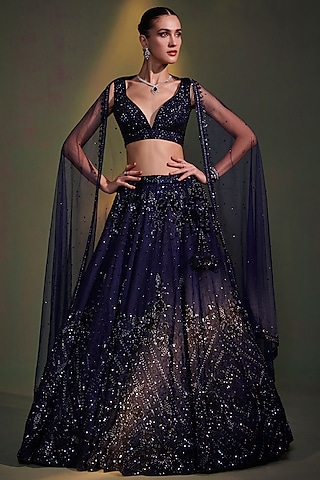 Sea Blue Embroidered Lehenga with Off Shoulder Peach Pearl Blouse