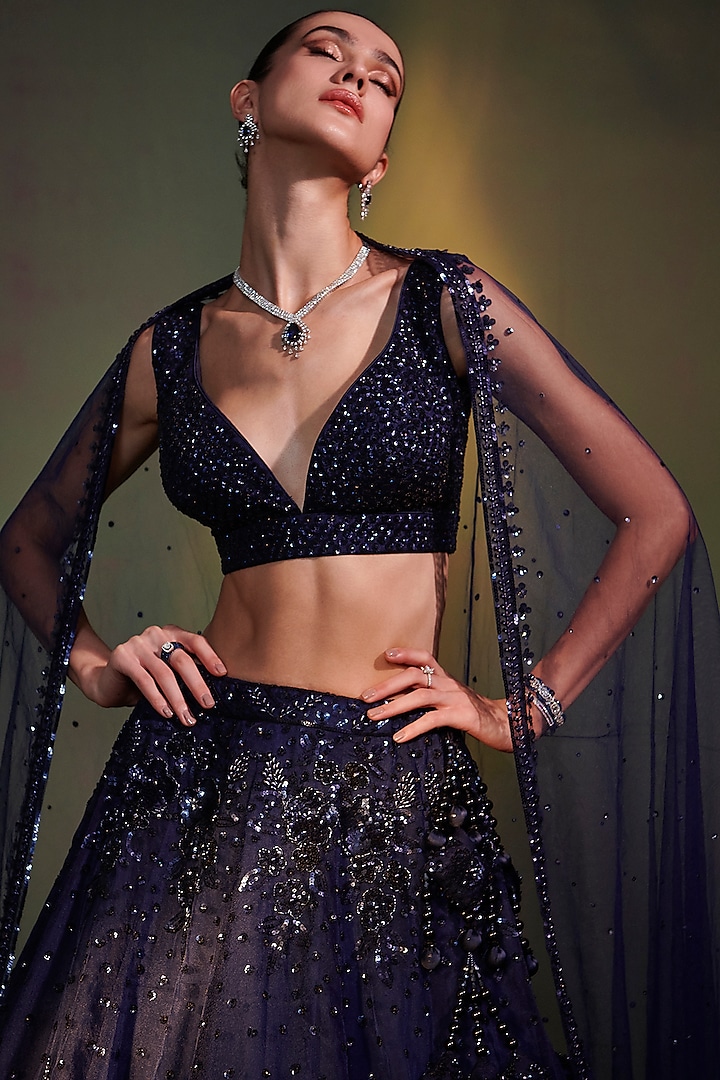 Midnight Blue Organza Embroidered Wedding Lehenga Set by Angad Singh at Pernia's Pop Up Shop