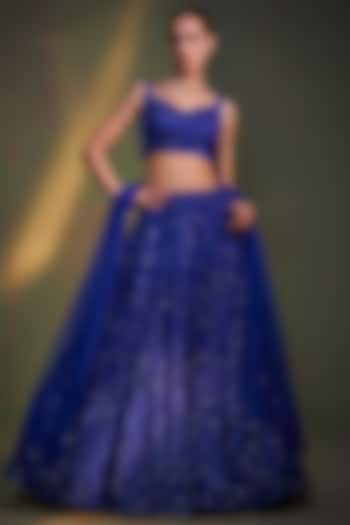 Electric Blue Organza Embroidered Lehenga Set by Angad Singh
