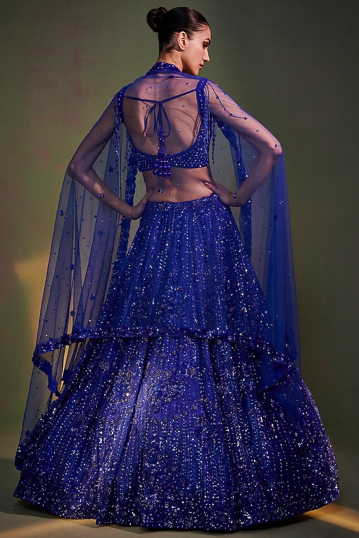 Electric Blue Organza Embroidered Wedding Lehenga Set by Angad Singh at Pernia's Pop Up Shop