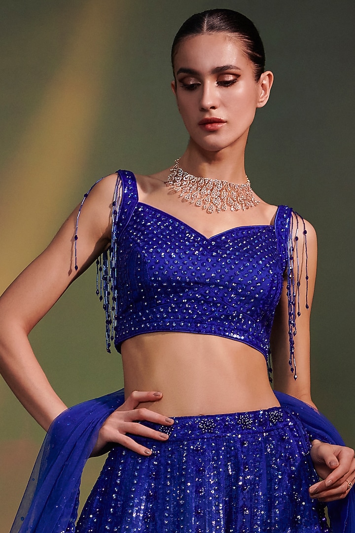Electric Blue Organza Embroidered Wedding Lehenga Set by Angad Singh at Pernia's Pop Up Shop