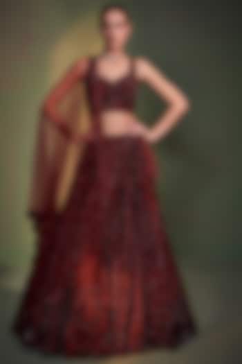 Deep Maroon Organza Embroidered Bridal Lehenga Set by Angad Singh at Pernia's Pop Up Shop