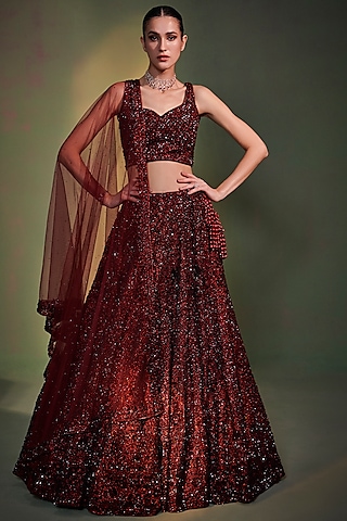 Deep Maroon Organza Embroidered Lehenga Set by Angad Singh