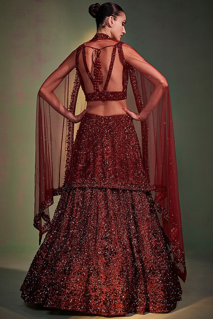 Deep Maroon Organza Embroidered Bridal Lehenga Set by Angad Singh at Pernia's Pop Up Shop