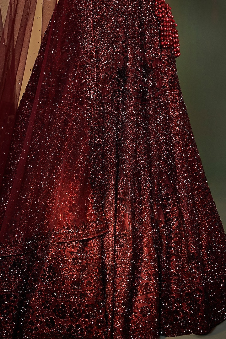 Deep Maroon Organza Embroidered Bridal Lehenga Set by Angad Singh at Pernia's Pop Up Shop