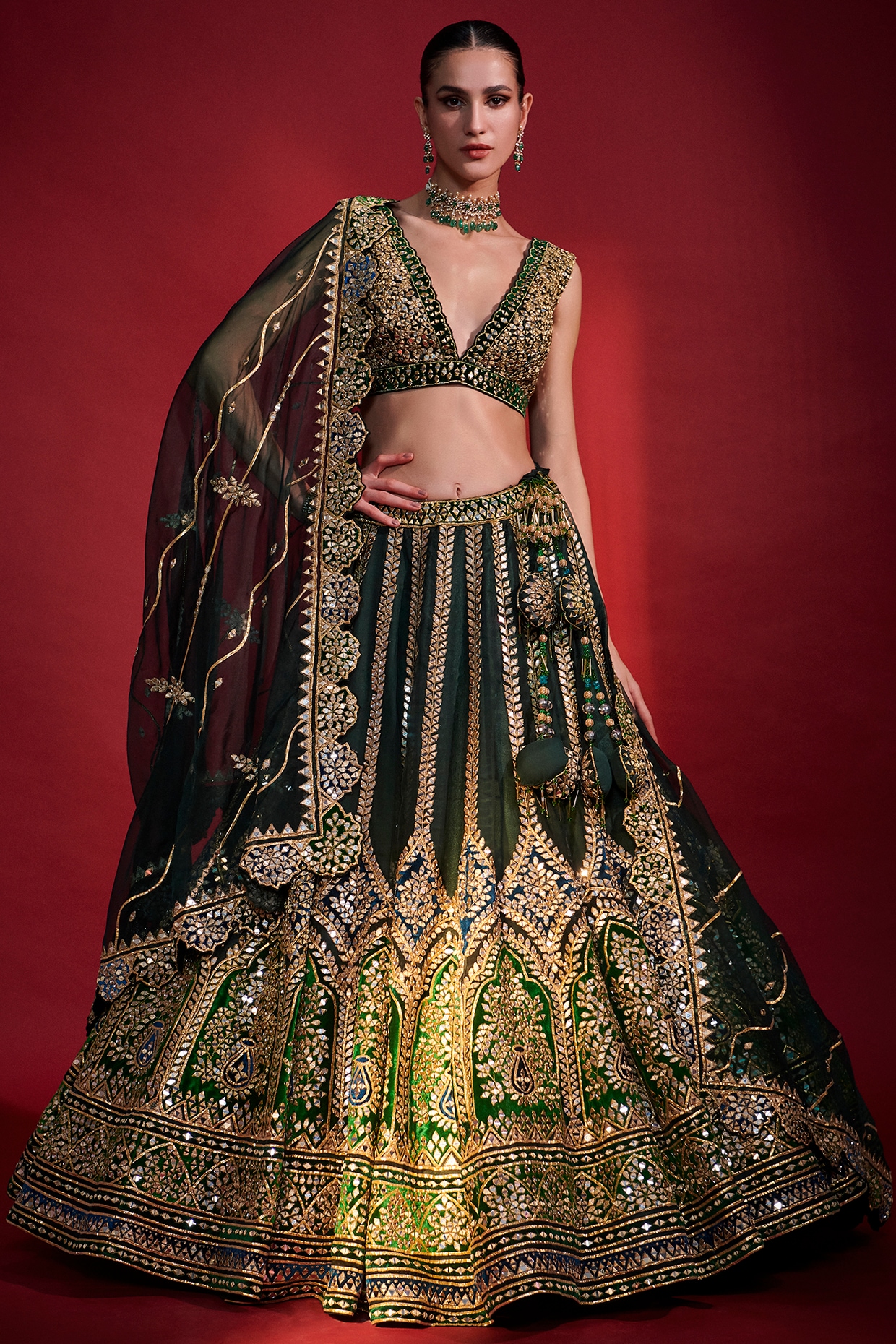 Velvet green bridal lehenga with shawl and peach net dupatta – Ricco India
