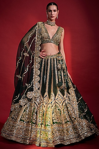 Emerald Green Organza Mirror Embroidered Lehenga Set by Angad Singh