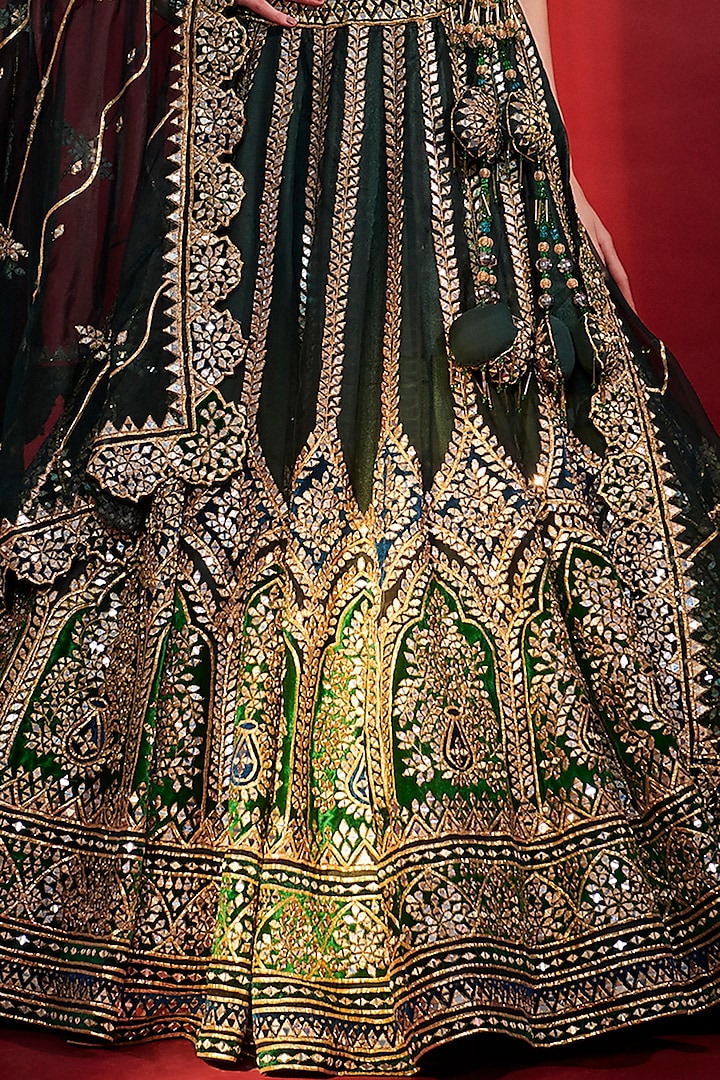 Emerald Green Organza Mirror Embroidered Wedding Lehenga Set by Angad Singh at Pernia's Pop Up Shop