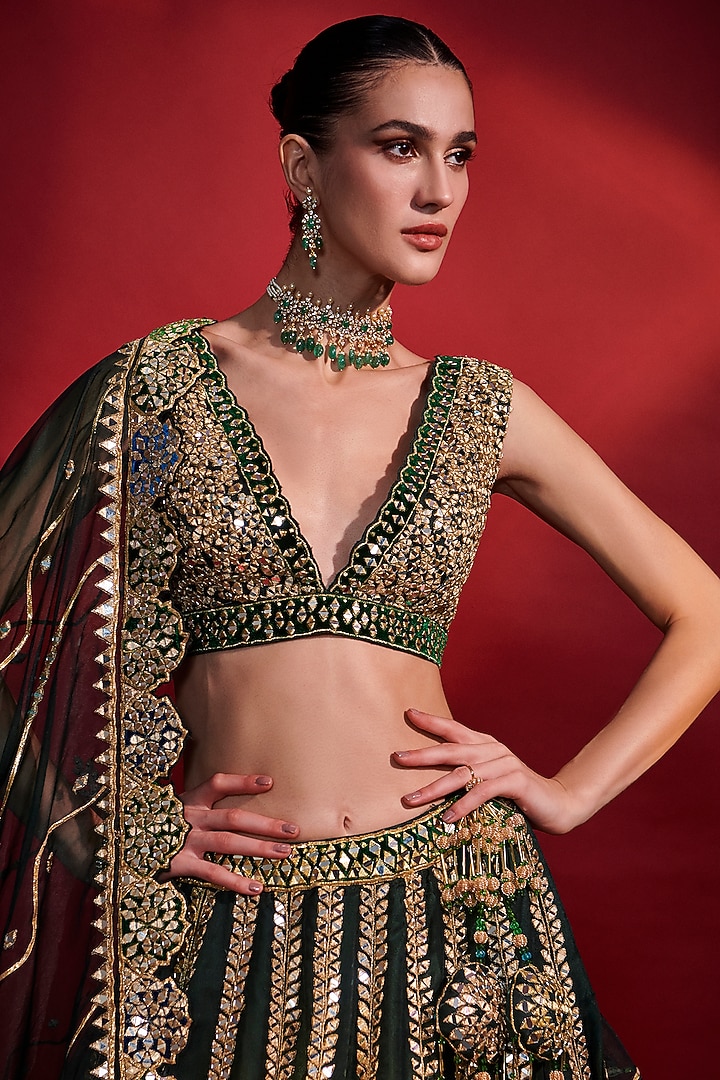 Emerald Green Organza Mirror Embroidered Wedding Lehenga Set by Angad Singh at Pernia's Pop Up Shop