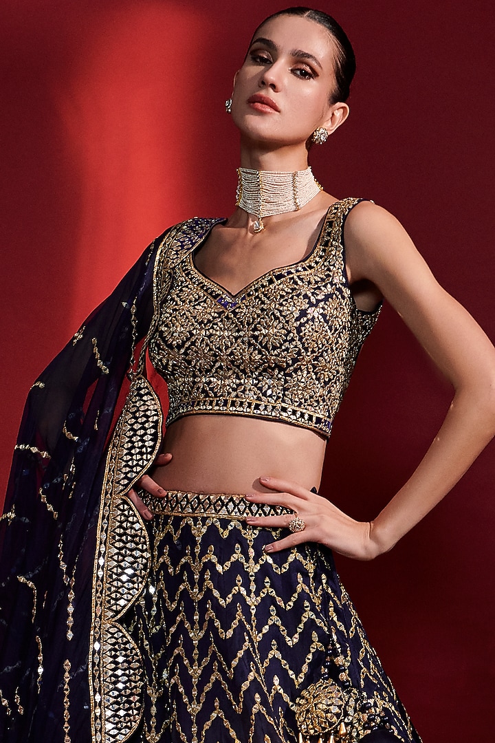 Navy Blue Organza Mirror Embroidered Wedding Lehenga Set by Angad Singh at Pernia's Pop Up Shop