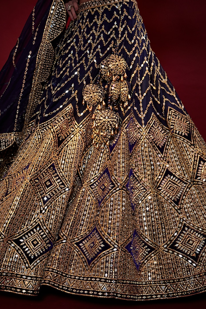Navy Blue Organza Mirror Embroidered Wedding Lehenga Set by Angad Singh at Pernia's Pop Up Shop