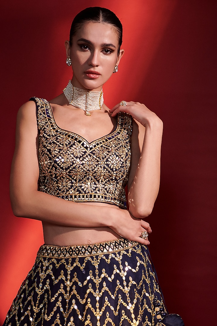 Navy Blue Organza Mirror Embroidered Wedding Lehenga Set by Angad Singh at Pernia's Pop Up Shop