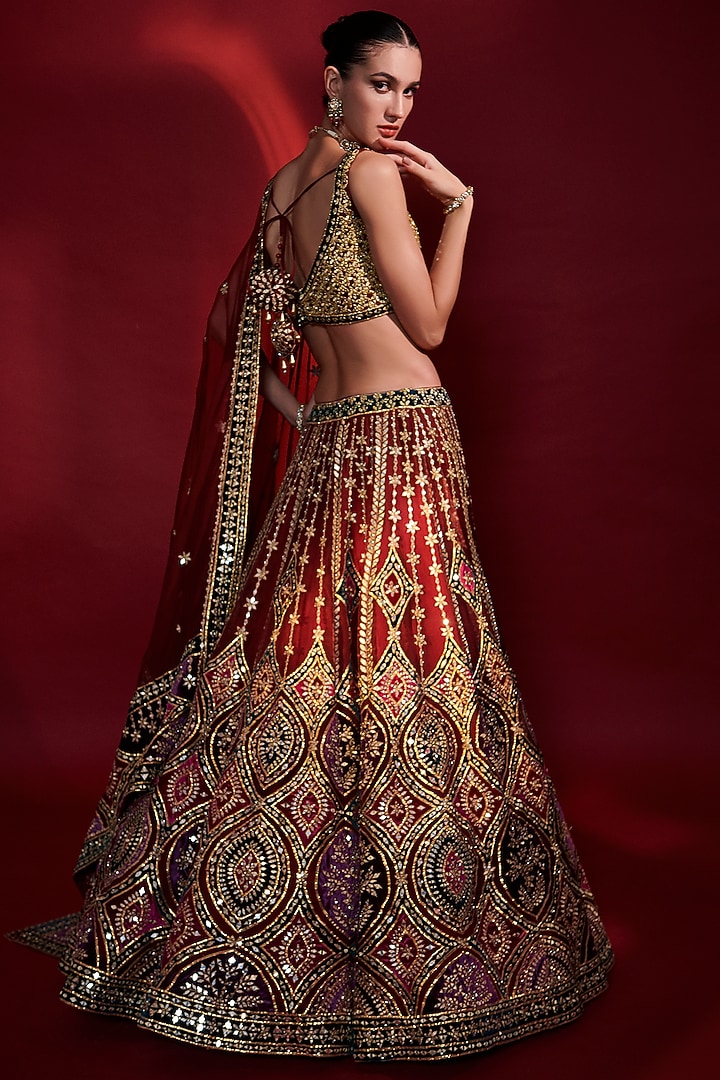 Wine Mirror Organza Embroidered Wedding Lehenga Set by Angad Singh at Pernia's Pop Up Shop