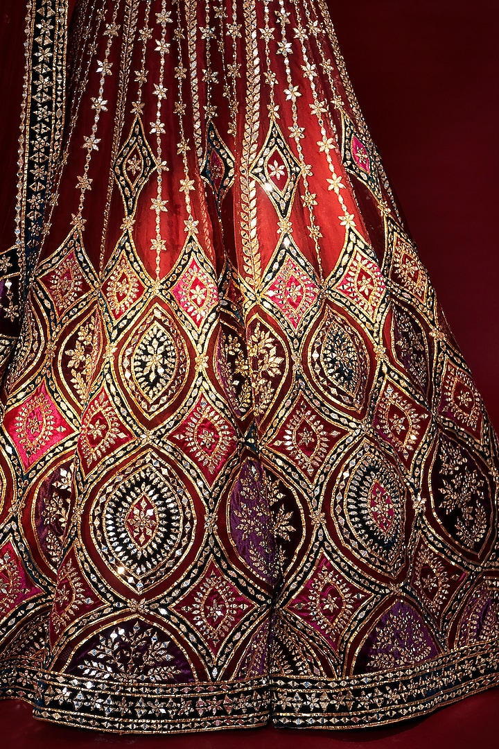 Wine Mirror Organza Embroidered Wedding Lehenga Set by Angad Singh at Pernia's Pop Up Shop