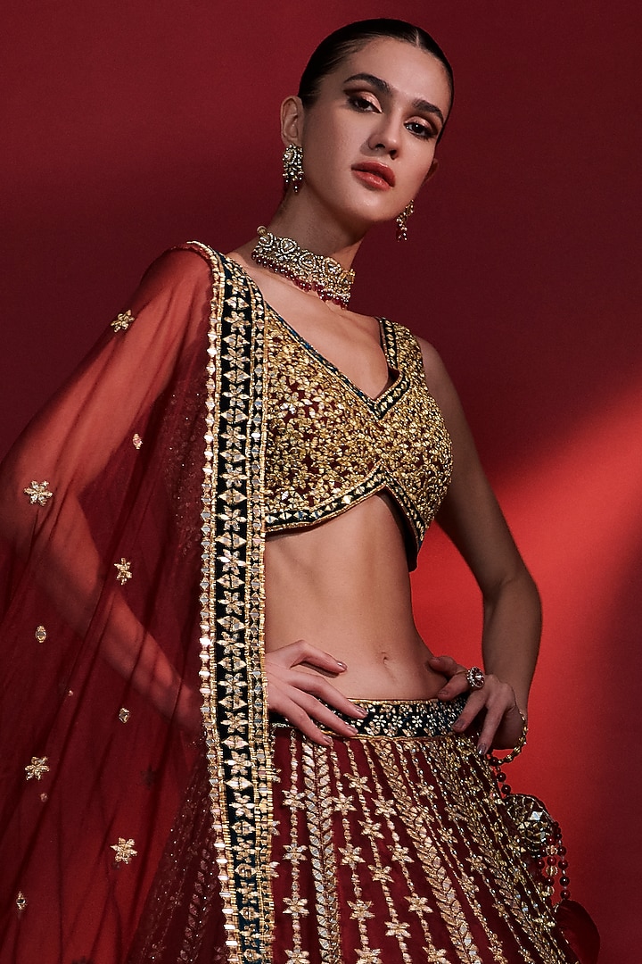 Wine Mirror Organza Embroidered Wedding Lehenga Set by Angad Singh at Pernia's Pop Up Shop