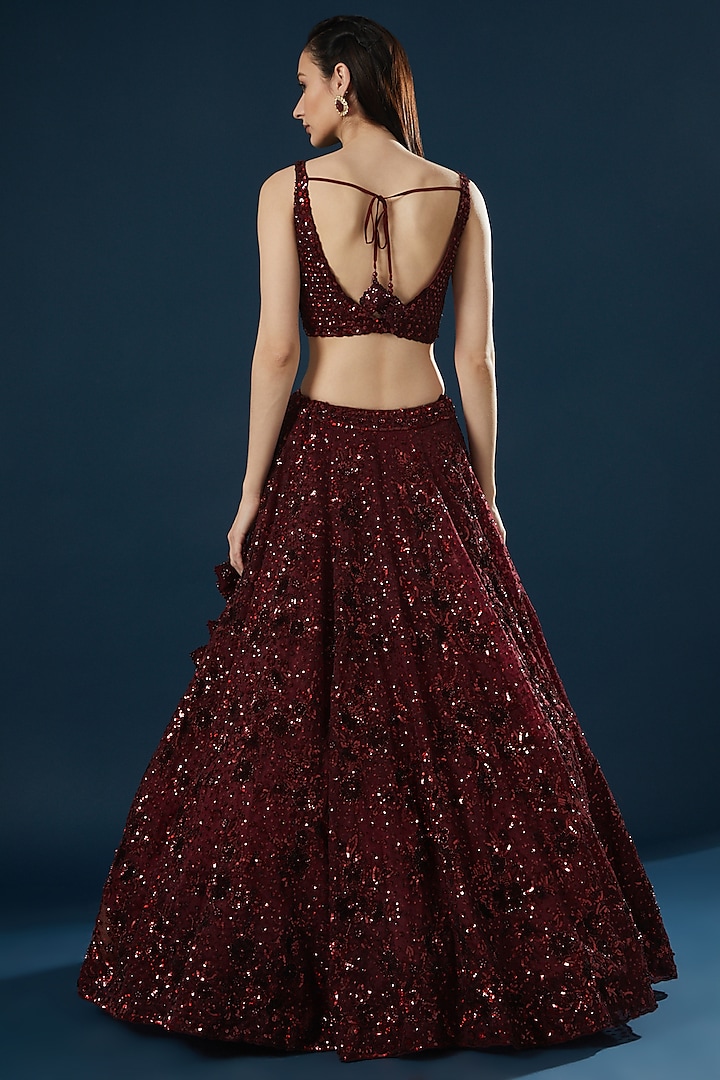 Burgundy Organza Embroidered Bridal Lehenga Set by Angad Singh at Pernia's Pop Up Shop