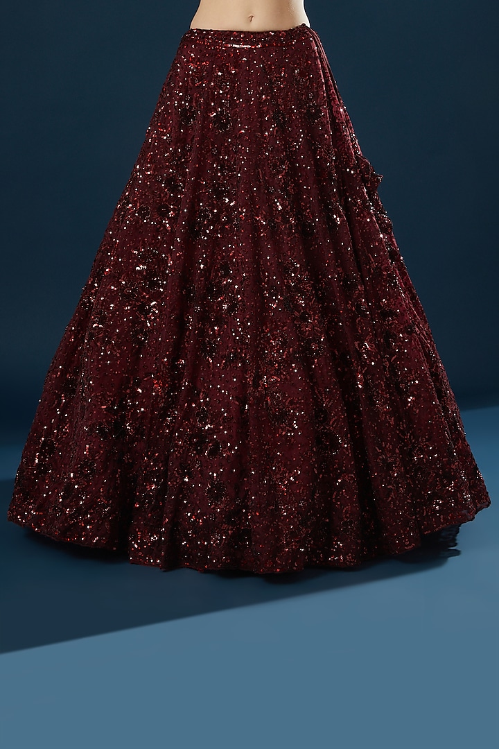 Burgundy Organza Embroidered Bridal Lehenga Set by Angad Singh at Pernia's Pop Up Shop