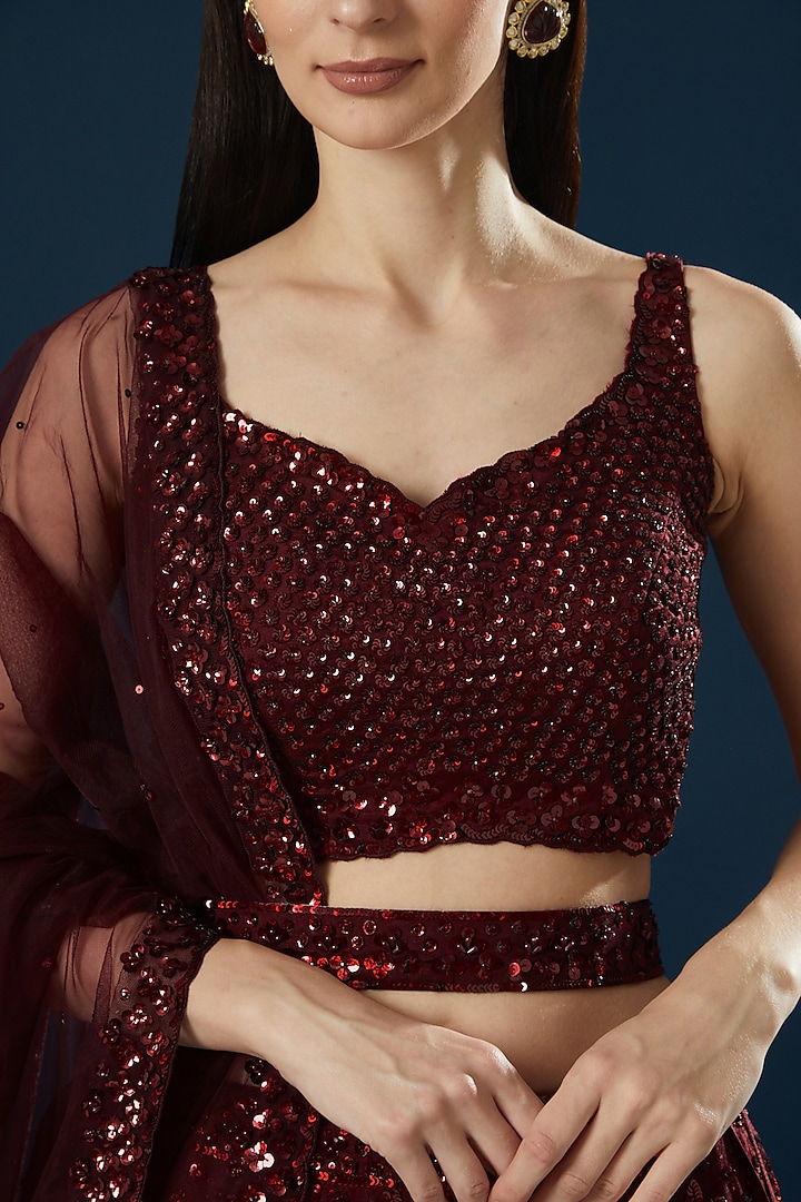Burgundy Organza Embroidered Bridal Lehenga Set by Angad Singh at Pernia's Pop Up Shop