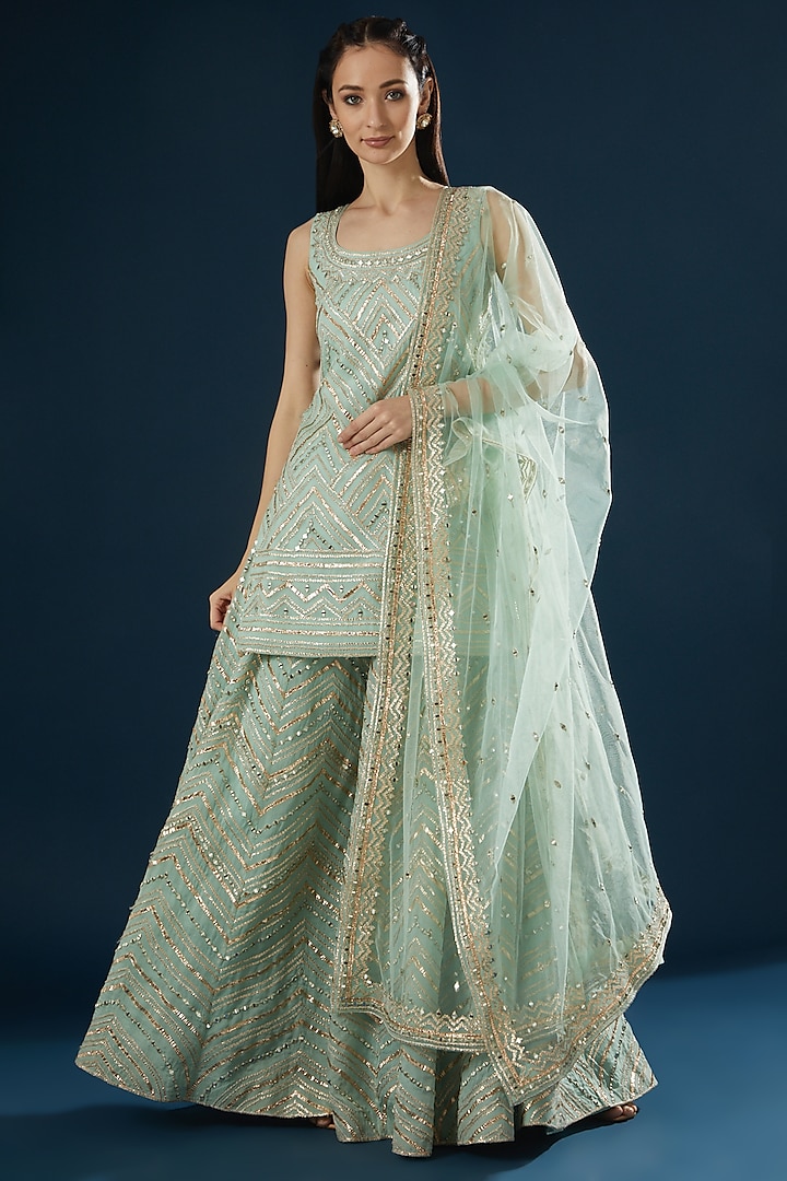 Mint Green Embroidered Sharara Set by Angad Singh