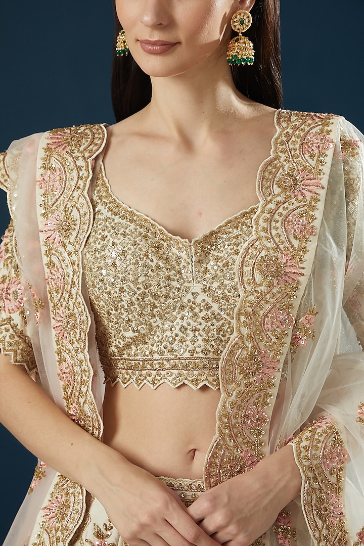 Ivory Raw Silk Thread Embroidered Bridal Lehenga Set by Angad Singh at Pernia's Pop Up Shop
