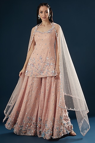 Peach Embroidered Sharara Set by Angad Singh