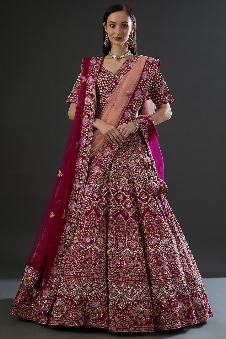 Magenta Pink Raw Silk Silk Thread Embroidered Lehenga Set  by Angad Singh