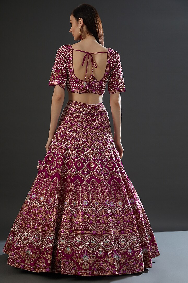 Magenta Pink Raw Silk Silk Thread Embroidered Bridal Lehenga Set by Angad Singh at Pernia's Pop Up Shop