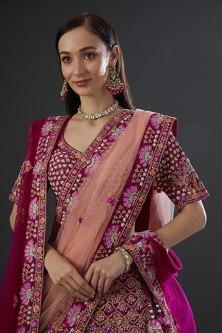 Magenta Pink Raw Silk Silk Thread Embroidered Bridal Lehenga Set by Angad Singh at Pernia's Pop Up Shop
