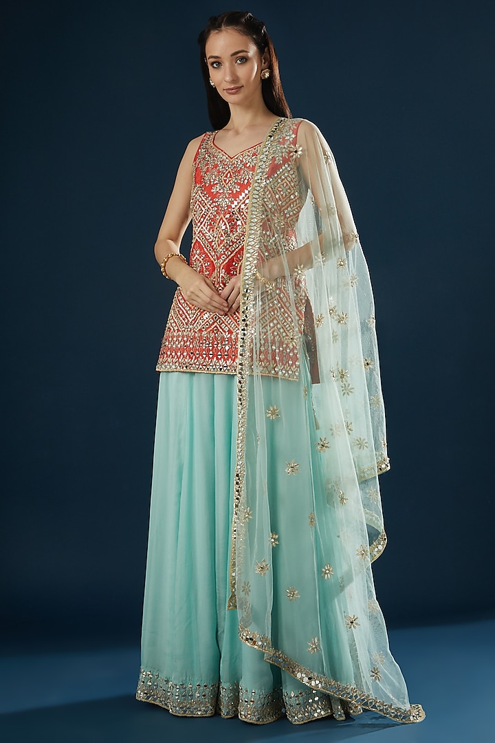 Ice Blue Embroidered Sharara Set by Angad Singh
