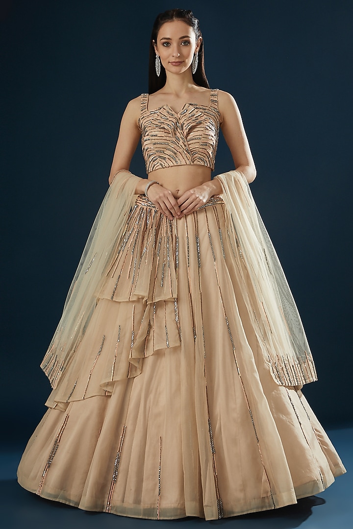 Peach Organza Embroidered Layered Wedding Lehenga Set by Angad Singh at Pernia's Pop Up Shop