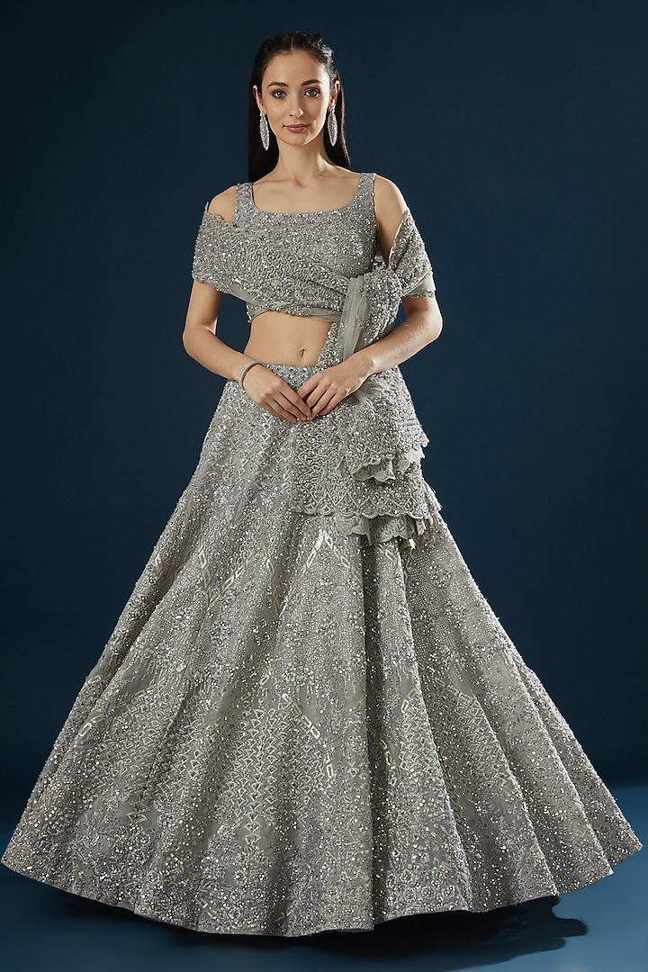 Steel Grey Organza Embroidered Bridal Lehenga Set by Angad Singh at Pernia's Pop Up Shop