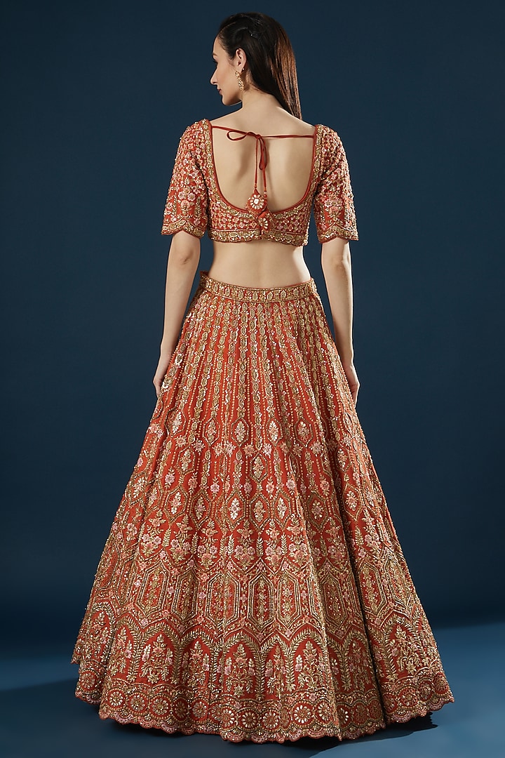 Rust Raw Silk Thread Embroidered Bridal Lehenga Set by Angad Singh at Pernia's Pop Up Shop