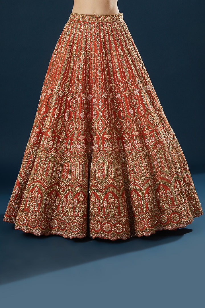 Rust Raw Silk Thread Embroidered Bridal Lehenga Set by Angad Singh at Pernia's Pop Up Shop