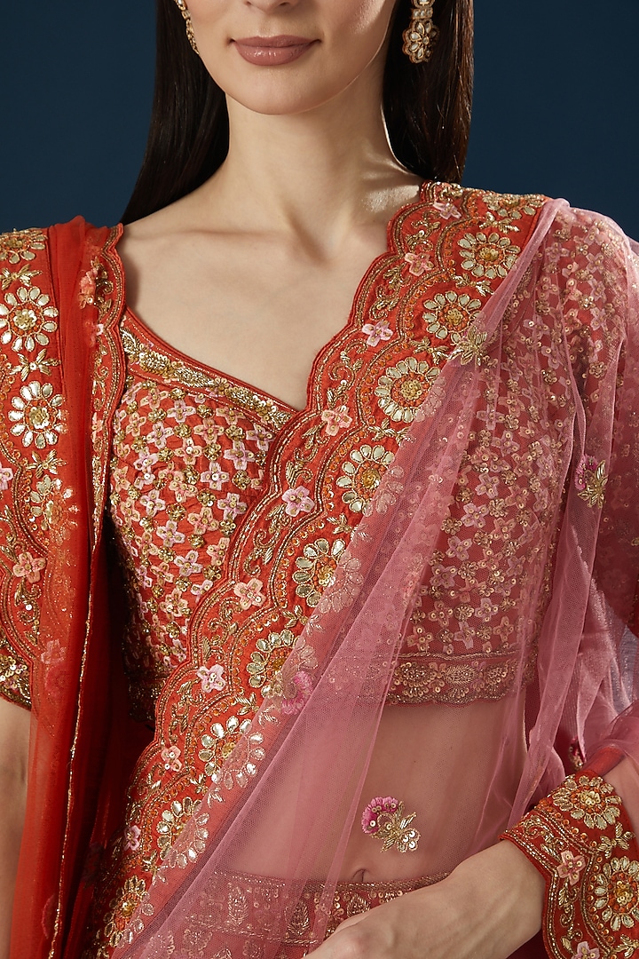 Rust Raw Silk Thread Embroidered Bridal Lehenga Set by Angad Singh at Pernia's Pop Up Shop