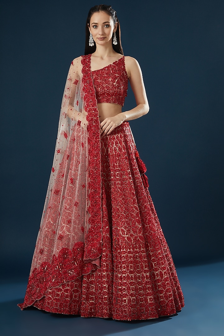 Red Net Embroidered Lehenga Set by Angad Singh