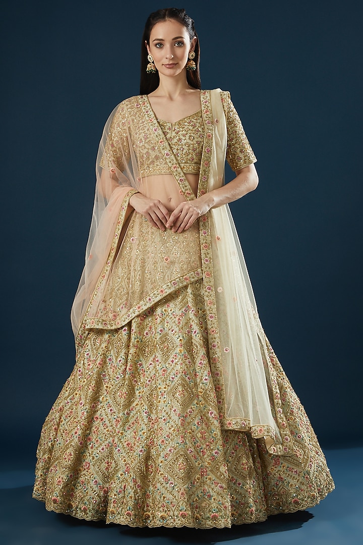 Gold Tissue Thread Embroidered Lehenga Set  by Angad Singh