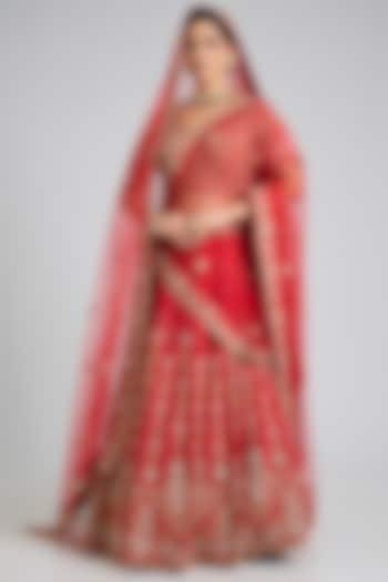 Red Raw Silk Embroidered Wedding Lehenga Set by Angad Singh at Pernia's Pop Up Shop