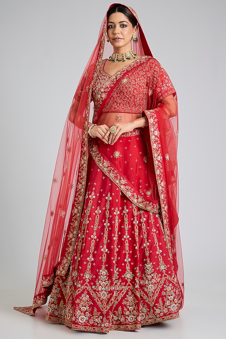 Red Raw Silk Embroidered Wedding Lehenga Set by Angad Singh at Pernia's Pop Up Shop