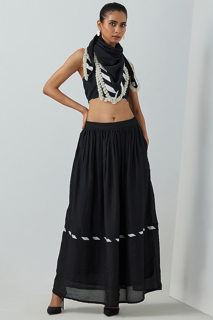 Black Chanderi Printed Skirt Set by TIC