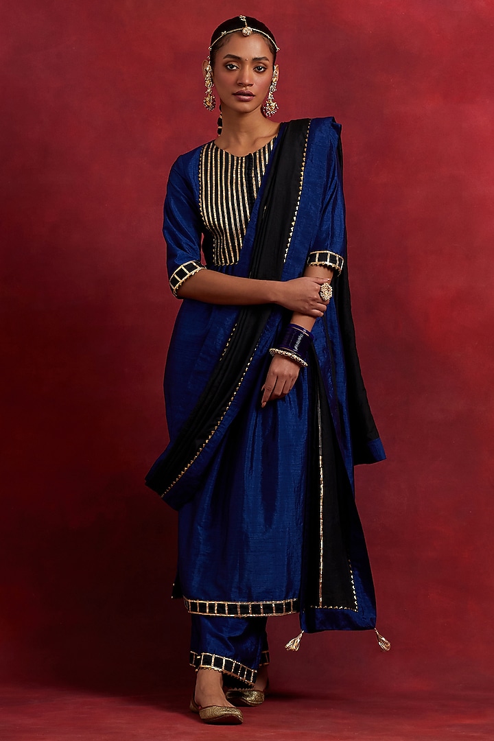 Blue & Black Raw Silk Gota Work A-Line Kurta Set by TIC at Pernia's Pop Up Shop