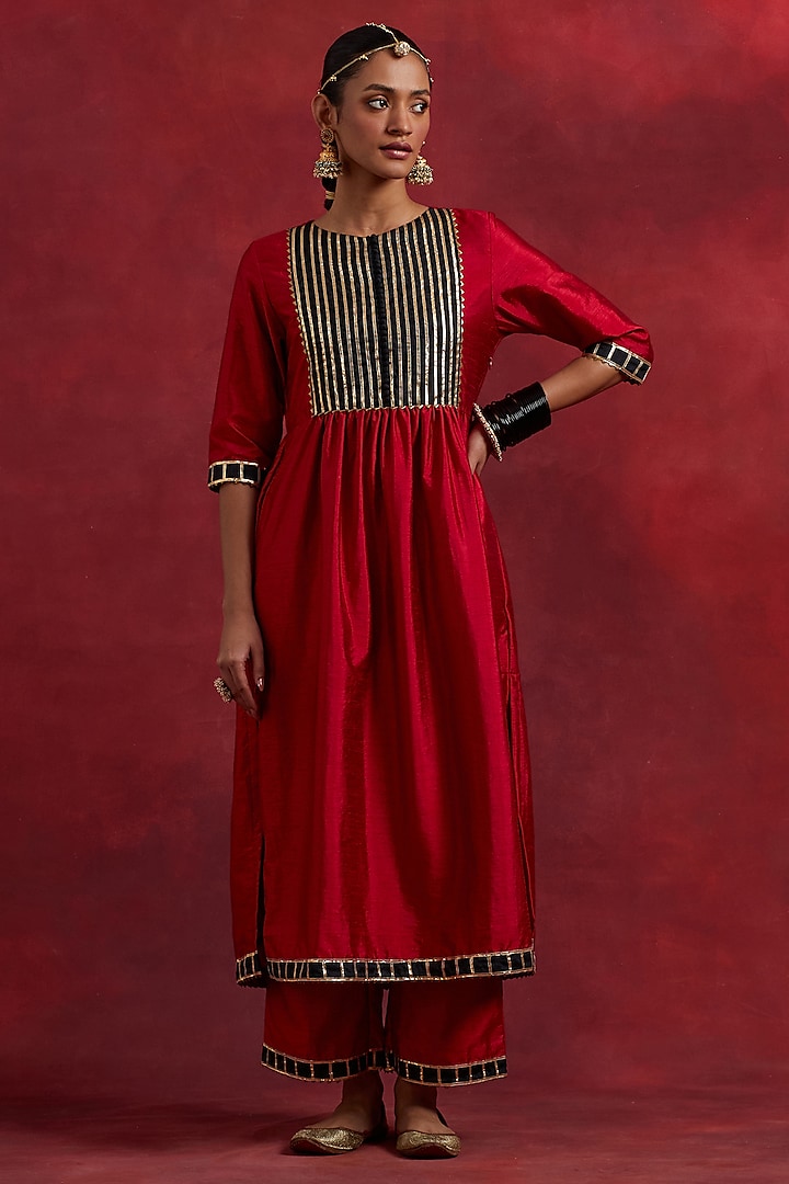 Red & Black Raw Silk Gota Work A-Line Kurta Set by TIC at Pernia's Pop Up Shop