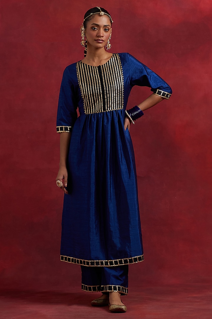 Blue & Black Raw Silk Gota Work A-Line Kurta Set by TIC at Pernia's Pop Up Shop