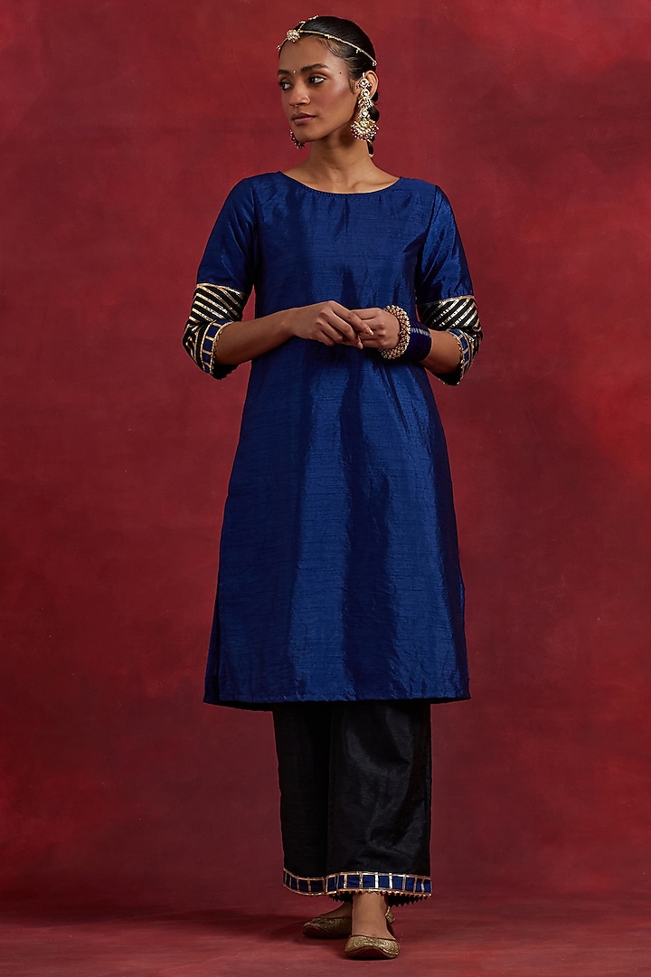 Blue Raw Silk Gota Work Straight Kurta Set by TIC at Pernia's Pop Up Shop