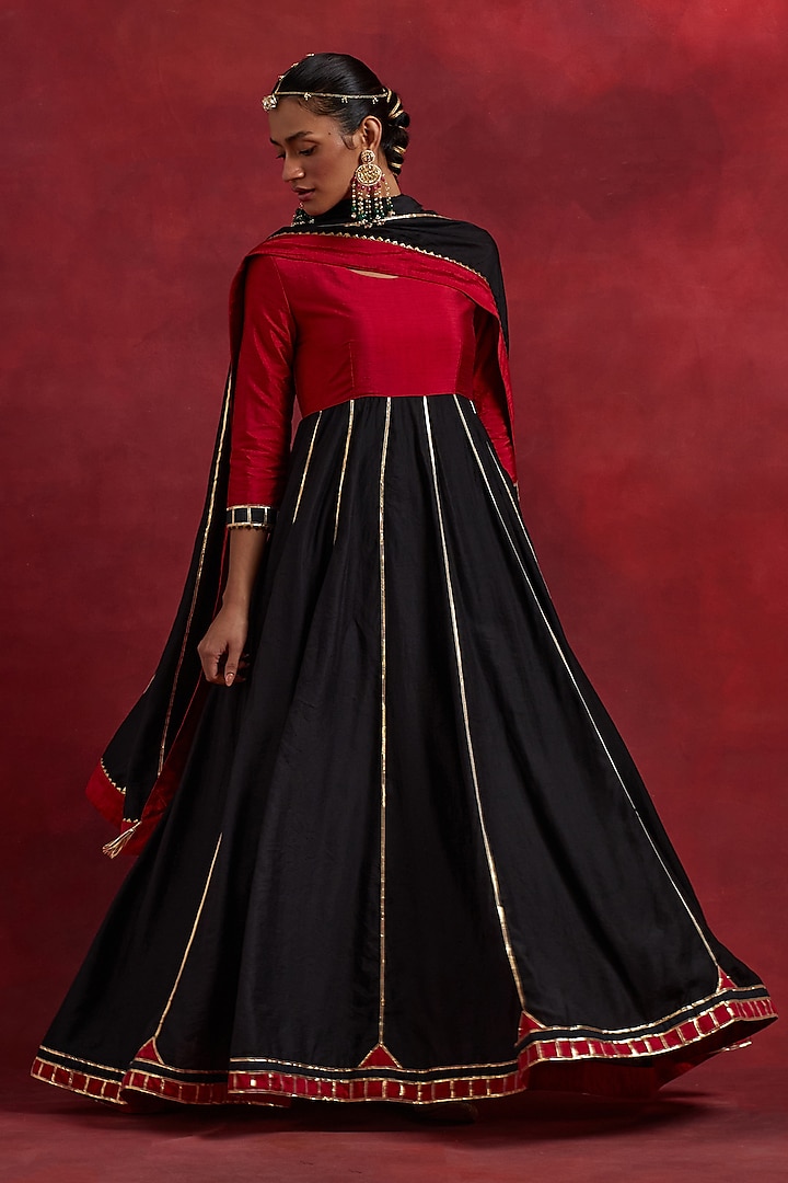 Red & Black Raw Silk Gota Work Anarkali Set by TIC