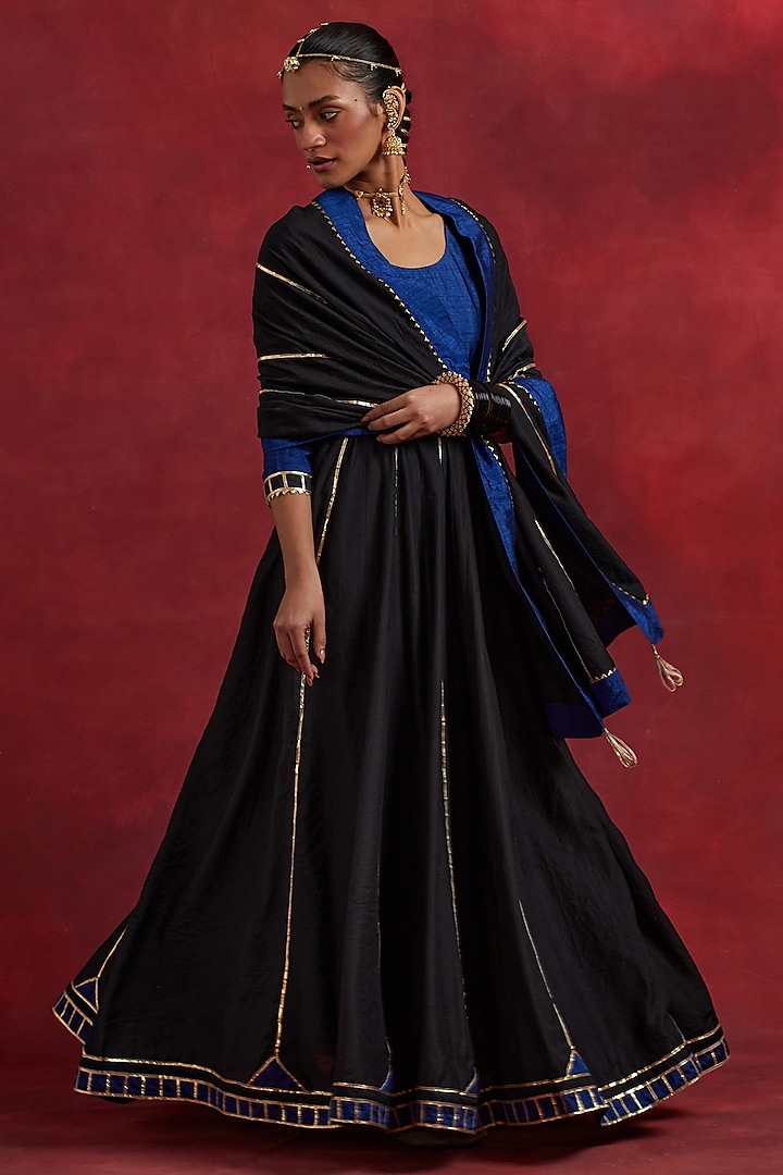Blue & Black Raw Silk Gota Work Anarkali Set by TIC