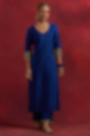 Blue Raw Silk Gota Work Straight Kurta Set by TIC at Pernia's Pop Up Shop