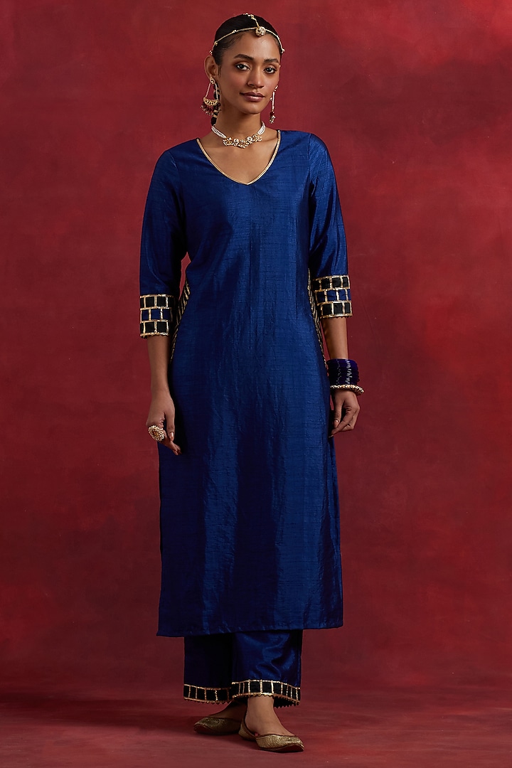 Blue Raw Silk Gota Work Straight Kurta Set by TIC at Pernia's Pop Up Shop