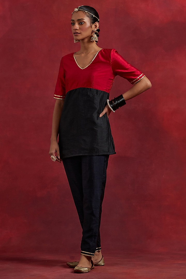 Red & Black Raw Silk Straight Kurta Set by TIC at Pernia's Pop Up Shop